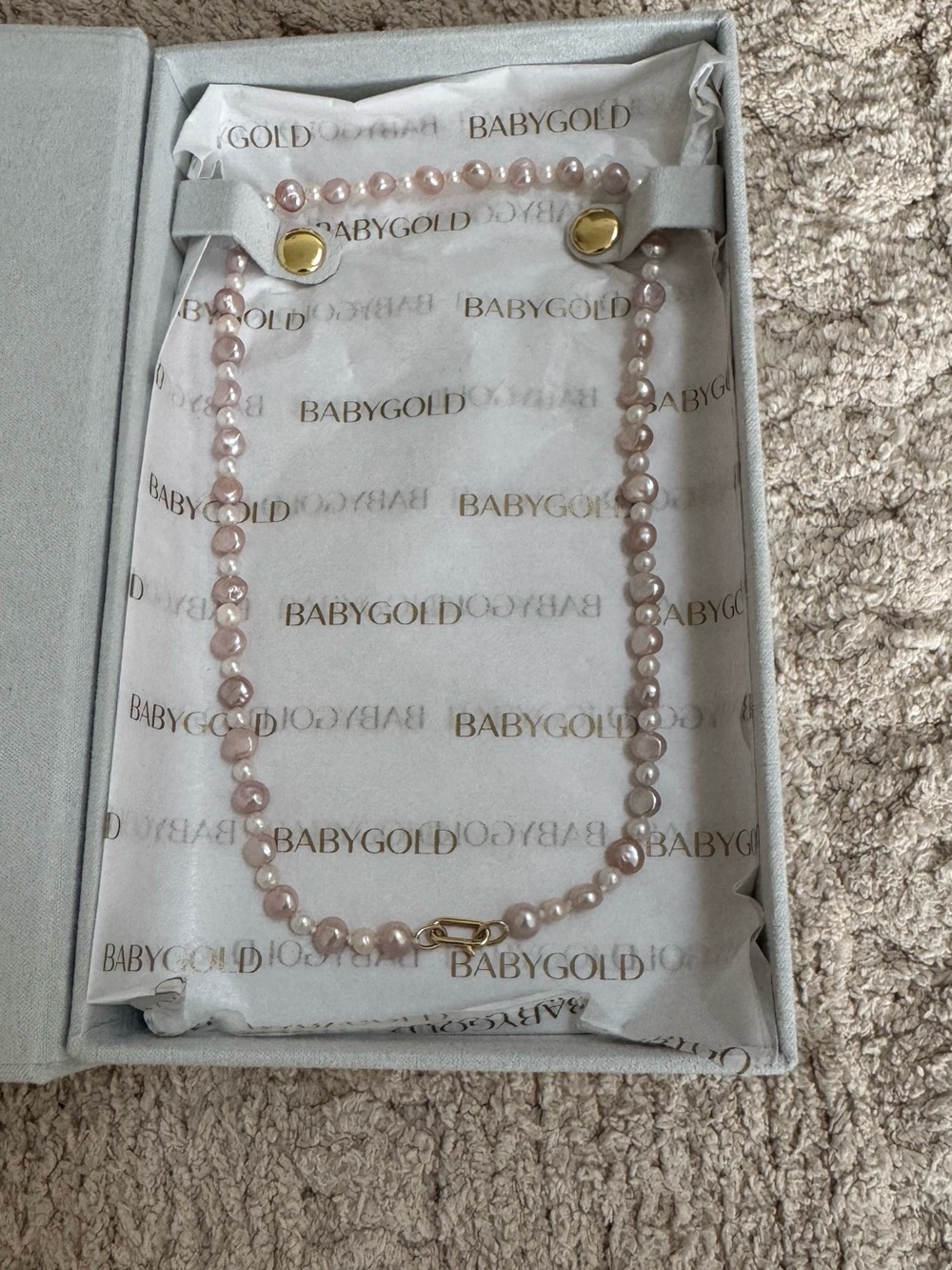 MWOTBaby Gold Blush & White Pearl Necklace With 14K Gold Petite Paper Clip Clasp - Picture 5 of 10